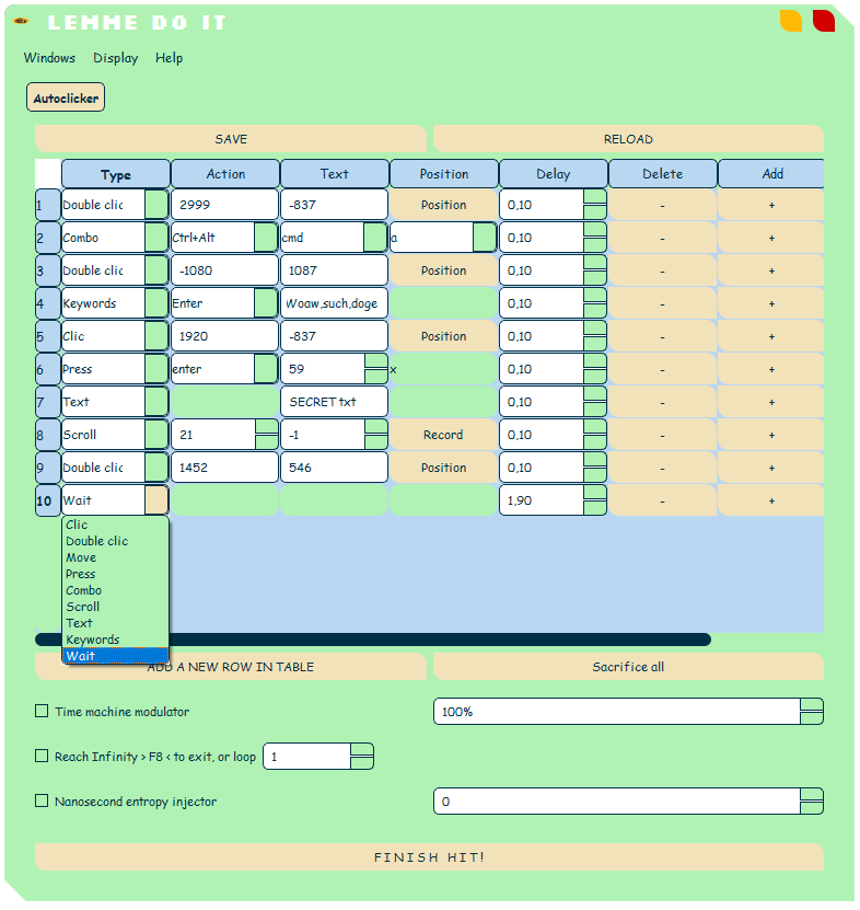 Autoclicker tables